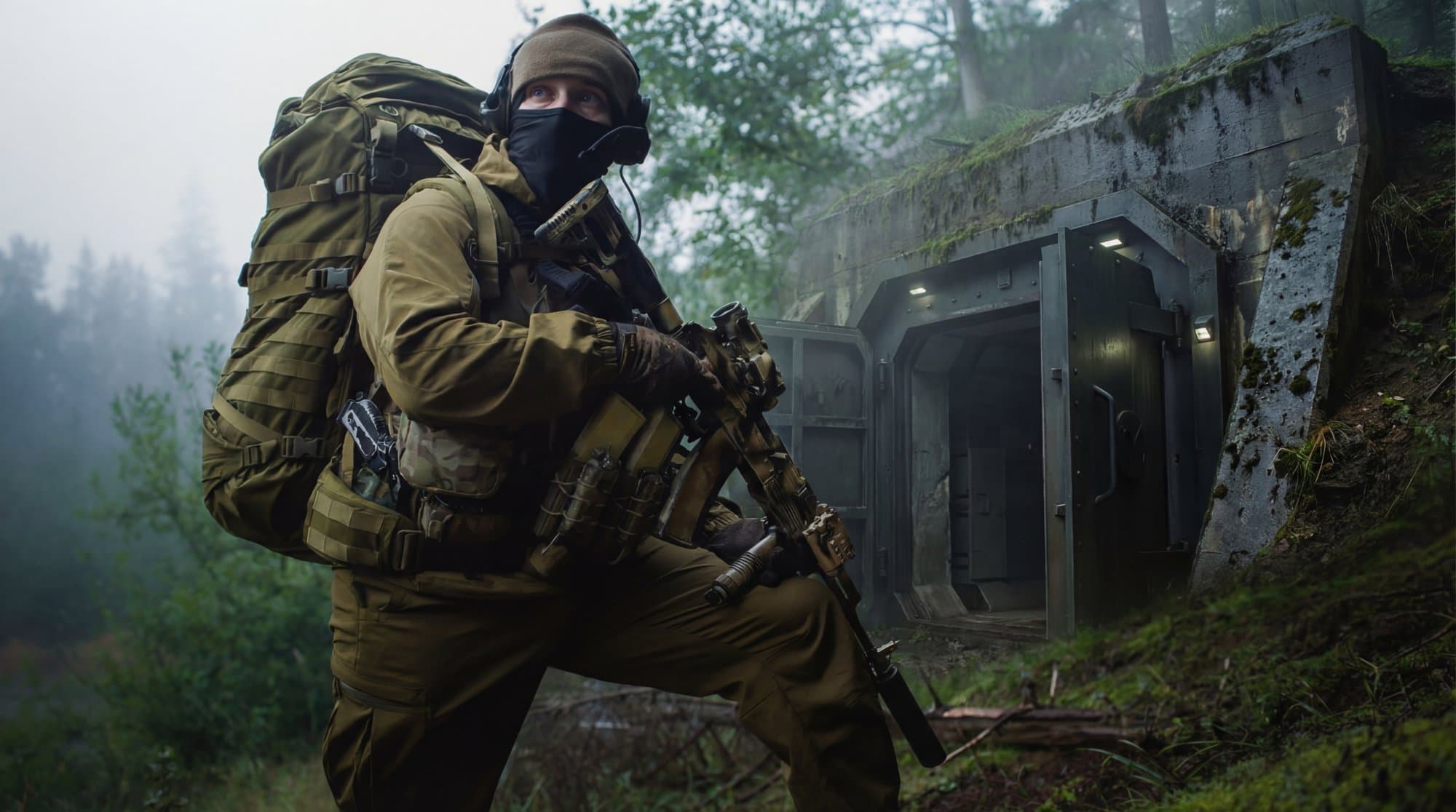 Operator with full pack, balaclava, and rifle at a bunker entrance — coyote-brown civilian gear